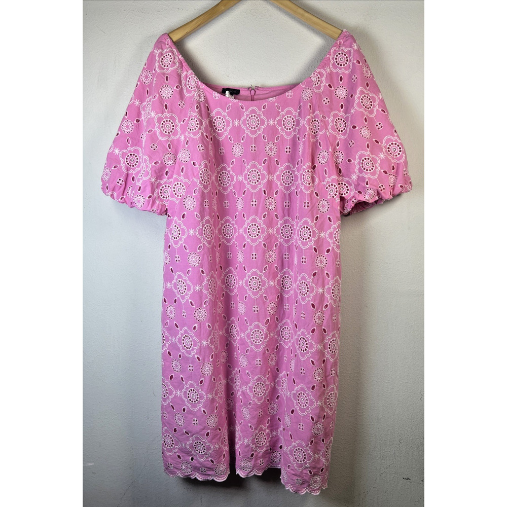 Talbots 18 pink eyelet embroidered lined Cotton Shift Dress Puff sleeves plus - Picture 3 of 12